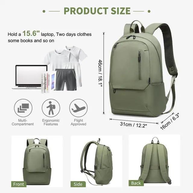 Alt view image 3 of 5 - DTGN Travel Laptop Backpack, Carry On Backpack, TSA-Approved Water-Resistant Rucksack Nylon for Work Men Women Fits 16 Inch Notebook, Green