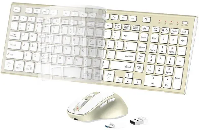 Main image of Wireless Keyboard and Mouse Combo, USB Type C Rechargeable Slim Silent Compact Full-Size Keyboard Mouse with Number Pad and Cover for Windows, mac, PC/Computer/Laptop - Gold