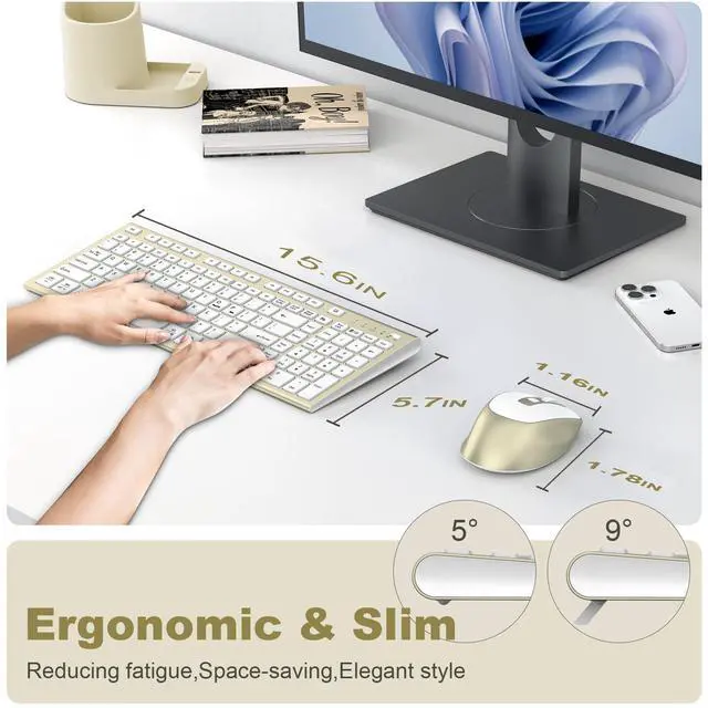Alt view image 2 of 5 - Wireless Keyboard and Mouse Combo, USB Type C Rechargeable Slim Silent Compact Full-Size Keyboard Mouse with Number Pad and Cover for Windows, mac, PC/Computer/Laptop - Gold