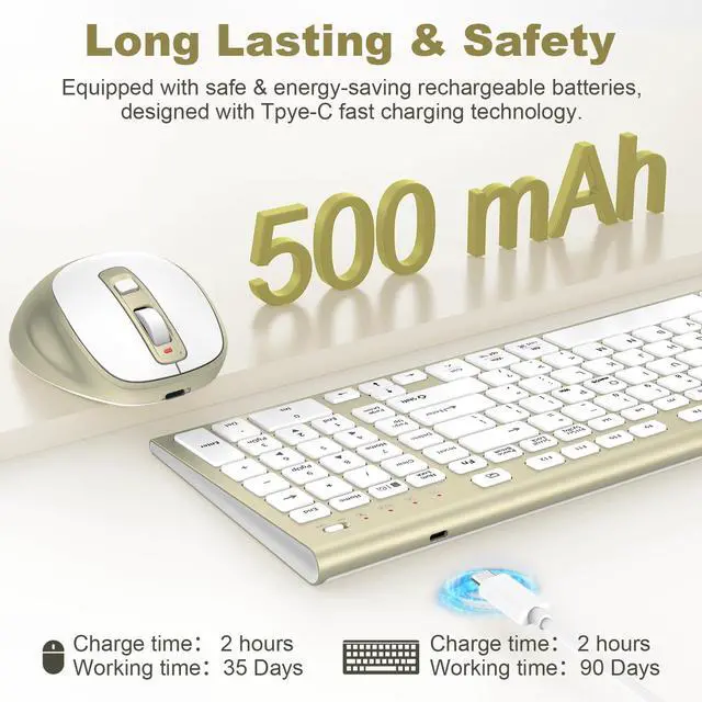 Alt view image 3 of 5 - Wireless Keyboard and Mouse Combo, USB Type C Rechargeable Slim Silent Compact Full-Size Keyboard Mouse with Number Pad and Cover for Windows, mac, PC/Computer/Laptop - Gold