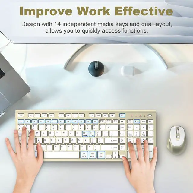 Alt view image 5 of 5 - Wireless Keyboard and Mouse Combo, USB Type C Rechargeable Slim Silent Compact Full-Size Keyboard Mouse with Number Pad and Cover for Windows, mac, PC/Computer/Laptop - Gold