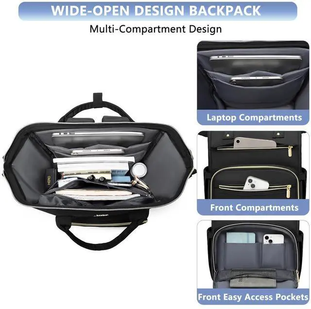 Alt view image 3 of 5 - Focdod Women Laptop Backpack Teacher Bags: 17.3 Inch Nurse Computer Backpack with USB Port Work Bag Stylish Travel Daypack Bookbag Waterproof for Business Woman Gifts BLACK