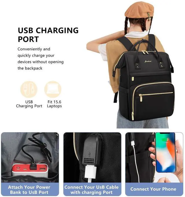 Alt view image 4 of 5 - Focdod Women Laptop Backpack Teacher Bags: 17.3 Inch Nurse Computer Backpack with USB Port Work Bag Stylish Travel Daypack Bookbag Waterproof for Business Woman Gifts BLACK