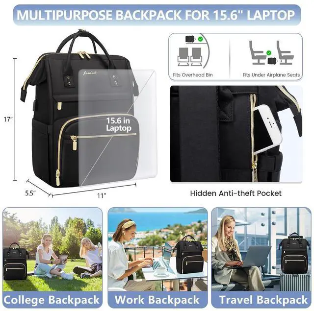 Alt view image 5 of 5 - Focdod Women Laptop Backpack Teacher Bags: 17.3 Inch Nurse Computer Backpack with USB Port Work Bag Stylish Travel Daypack Bookbag Waterproof for Business Woman Gifts BLACK
