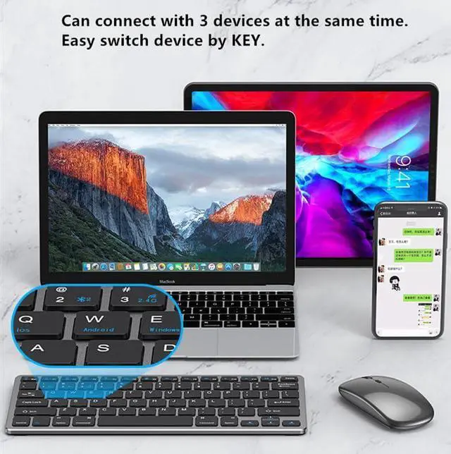 Alt view image 3 of 5 - Portable Wireless Keyboard and Mouse Combo, Bluetooth 3.0/5.0/2.4G, Multi-Device pc,Laptop,Phone,Windows,iOS,Android Compatible, Rechargeable,78KEY (Gray)
