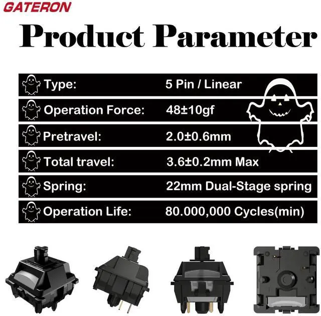 Alt view image 3 of 5 - Gateron Oil King Ghost Pro Switches,48gf 5-Pin RGB SMD Dual-Stage Spring Pre-Lubed Linear Switch for MX Mechanical Gaming Keyboard(108Pcs)