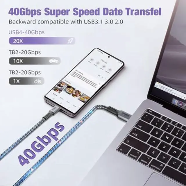 Alt view image 5 of 5 - 40Gbps USB 4 Data Cable 8K Video 4K HD Display @60Hz 240W/120W Charging USB4 Cable/USB C Display Cable Black Compatible with Thunderbolt 4/3 iPhone 16/15 Pro Max MacBook XPS Surface 2-Pack 6.6ft