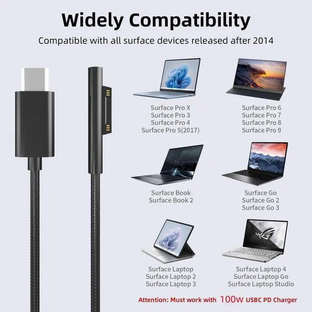 Alt view image 3 of 5 - PD100W Surface to USB C Charging Cable Compatible with Surface Pro Laptop Microsoft Surface Pro 11/10/9/8/7+/7/6/5/4/3/X Windows Surface Go 6/5/4/3/2 Tablet Surface Book Support 65W/45W,2-Pack 6FT