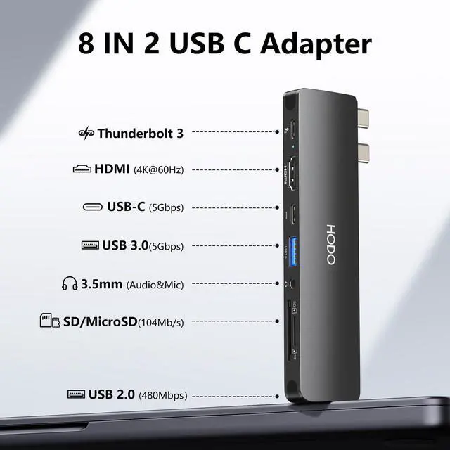Alt view image 2 of 5 - USB C Adapter HDMI Hub for MacBook Pro Air 2025-2018 M1 M2 M3 M4, Mac USB Adapter 8 in 2, MacBook USB C Hub with HDMI, Thunderbolt 3, 10G USB C USB A Data Ports, SD TF Card Reader, Audio, Black