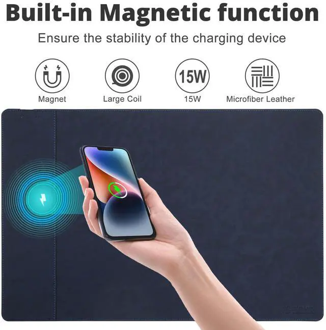 Alt view image 2 of 5 - Magnetic Wireless Charging Desk Mat, 23.4''x15.6'' Large Office Mouse Pad, Microfiber Leather Mouse Mat with Ultra-Smooth Surface, Waterproof Computer Keyboard Desk Mat for Office & Home, Laptop, Blue
