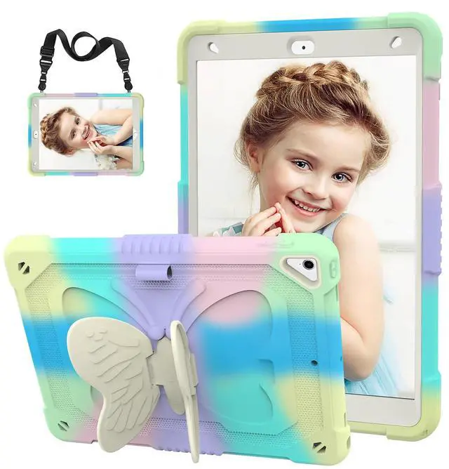 Main image of HOGENL for iPad 9th 8th 7th Generation Case for Kids Girls with Pencil Holder, for iPad 10.2 Case with Butterfly Stand Shoulder Strap Shockproof Full Body Protective Cover for iPad Air 3rd Gen, Green