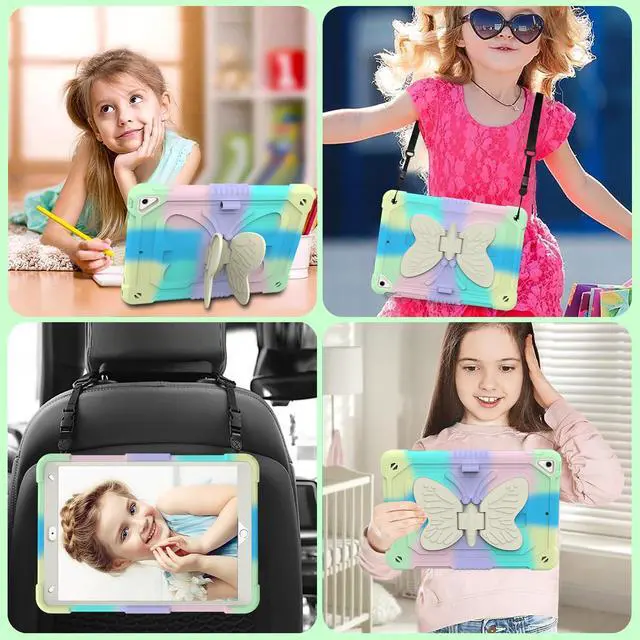 Alt view image 2 of 5 - HOGENL for iPad 9th 8th 7th Generation Case for Kids Girls with Pencil Holder, for iPad 10.2 Case with Butterfly Stand Shoulder Strap Shockproof Full Body Protective Cover for iPad Air 3rd Gen, Green