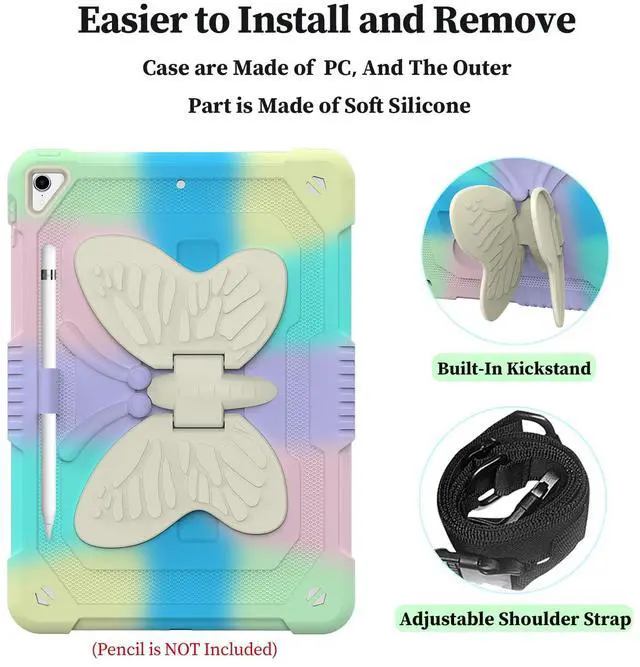 Alt view image 5 of 5 - HOGENL for iPad 9th 8th 7th Generation Case for Kids Girls with Pencil Holder, for iPad 10.2 Case with Butterfly Stand Shoulder Strap Shockproof Full Body Protective Cover for iPad Air 3rd Gen, Green