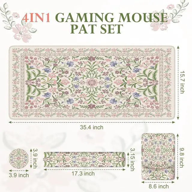 Alt view image 2 of 5 - iLeadon Purple Floral Mouse Pad Sets with Wrist Rest,Cute Ergonomic Keyboard Mat for Desktop,Extra Large Desk Size Mouse Mat+Cup Coaster with Non-Slip Base for Women Home Office