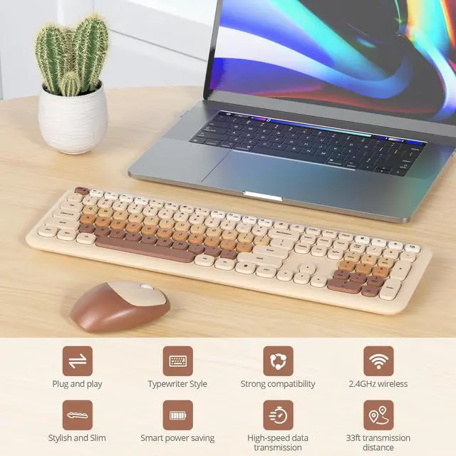 Alt view image 2 of 5 - iRoboosta Brown Colorful Wireless Keyboard and Mouse Combo Set, 2.4GHz Retro Typewriter Aesthetic Full Size Cute Keyboard with Number Pad, Home and Office Silent Keyboards (Gradient Coffee)