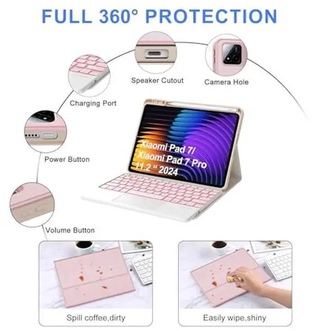 Alt view image 4 of 5 - Keyboard Case for Xiaomi Pad 7/ Pad 7 Pro 11.2 Inch, 7 Color Backlit, Magnetic Detachable Wireless Bluetooth Keyboard, Multi-Touch Trackpad, Stain Resistant Cover, Rechargeable, Pink (Backlit)