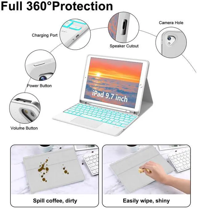 Alt view image 4 of 5 - for iPad Keyboard case 9.7 inch, iPad 6th Gen (2018), iPad 5th Gen (2017), iPad Air 2 (2014), Multi-Touch Trackpad, Detachable Backlit Folio Keyboard Slim Cover with Pencil Holder,Light Gray