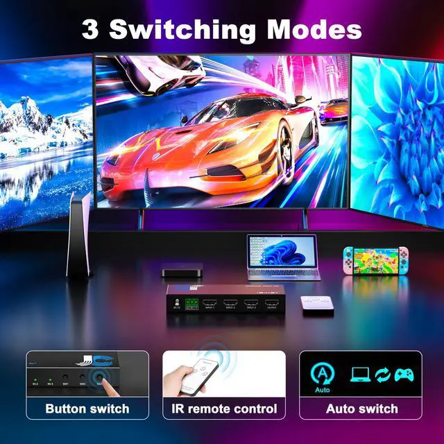 Alt view image 3 of 5 - HDMI Switch 3 in 1 Out 4K@60Hz, 4 Ports HDMI Switcher Splitter Selector with Remote, Support HDCP 2.2 HDR 10+ Dolby Vision/Atmos 18Gbps CEC for Apple TV Game PC PS4 5 Pro Xbox Roku