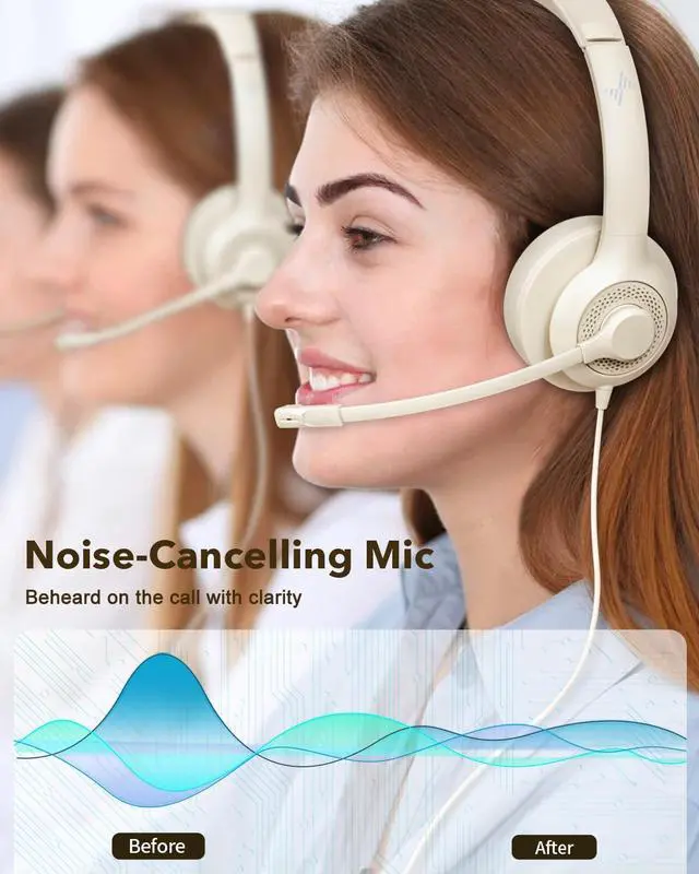 Alt view image 2 of 5 - JIAMQISHI USB Headset with Microphone for PC, On-Ear Computer Laptop Headphones with Noise Cancelling Mic in-line Control for Home Office Online Class Zoom (USB+3.5mm, Apricot)