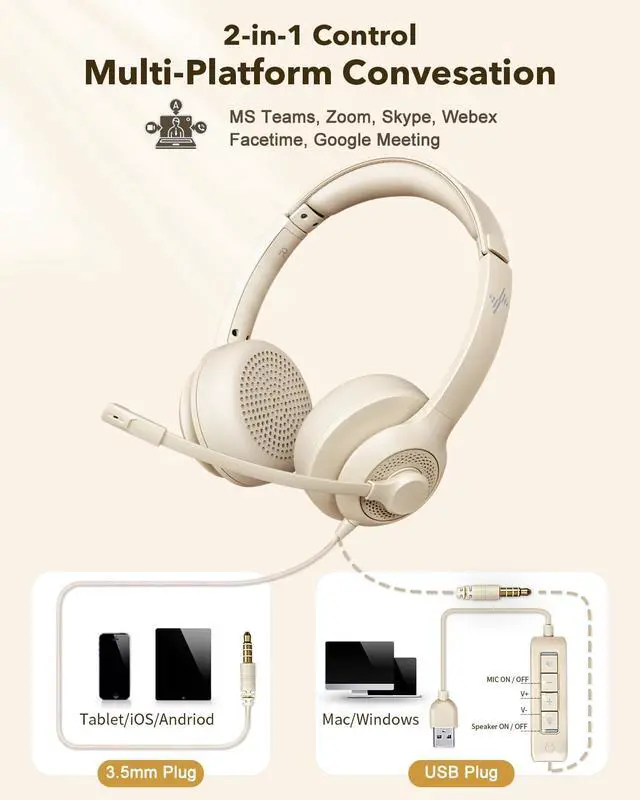 Alt view image 5 of 5 - JIAMQISHI USB Headset with Microphone for PC, On-Ear Computer Laptop Headphones with Noise Cancelling Mic in-line Control for Home Office Online Class Zoom (USB+3.5mm, Apricot)