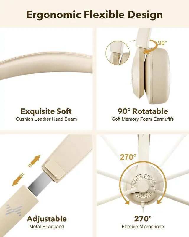 Alt view image 4 of 5 - JIAMQISHI USB Headset with Microphone for PC, On-Ear Computer Laptop Headphones with Noise Cancelling Mic in-line Control for Home Office Online Class Zoom (USB+3.5mm, Apricot)