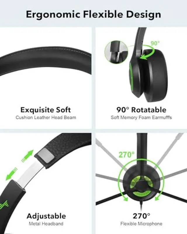 Alt view image 4 of 5 - JIAMQISHI USB Headset with Mic for PC, On-Ear Computer Laptop Headphones with Noise Cancelling Microphone in-line Control for Home Office Online Class (USB+3.5mm, Green)