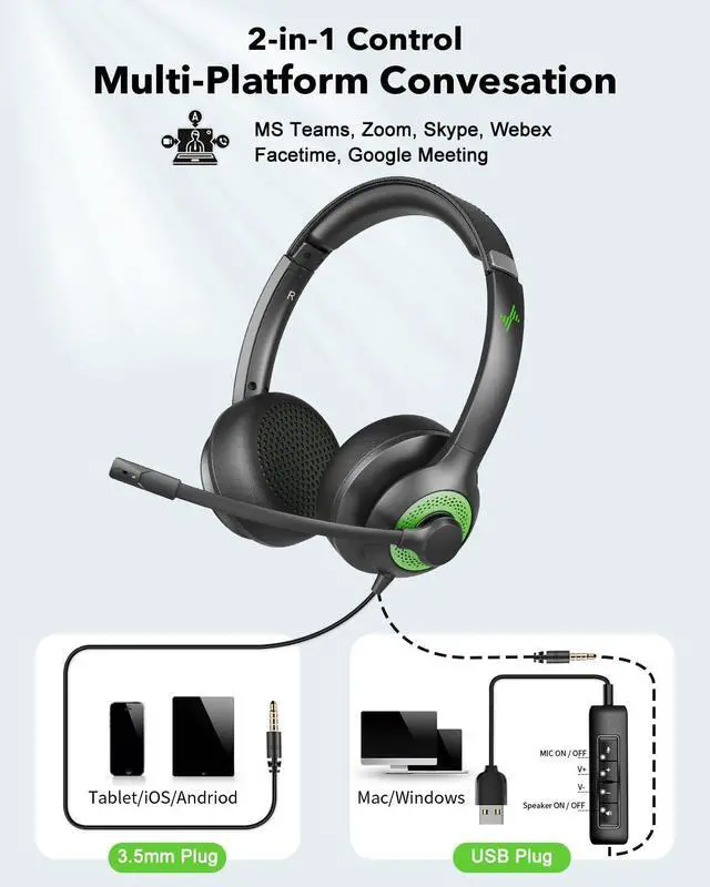 Alt view image 5 of 5 - JIAMQISHI USB Headset with Mic for PC, On-Ear Computer Laptop Headphones with Noise Cancelling Microphone in-line Control for Home Office Online Class (USB+3.5mm, Green)