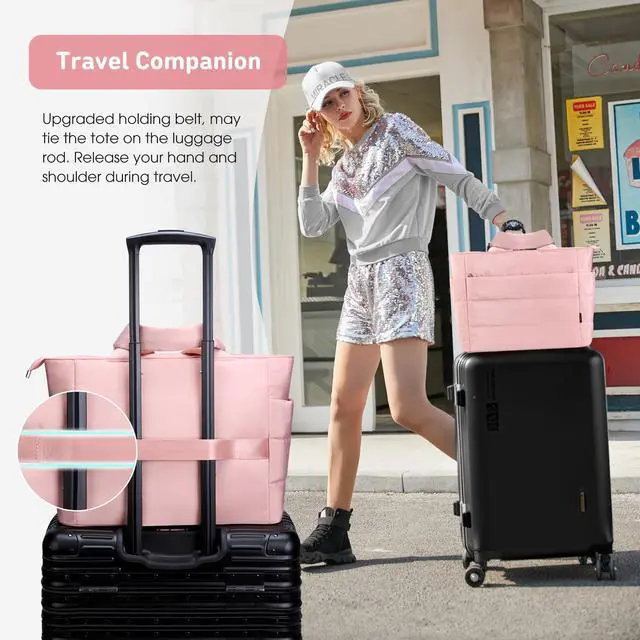 Alt view image 4 of 5 - KALIDI Quilted Tote Bag, Carryall Puffer Messenger Laptop Bag Padded Shoulder Large Anti Splash Zipper Casual Work Gym Women, Light Pink