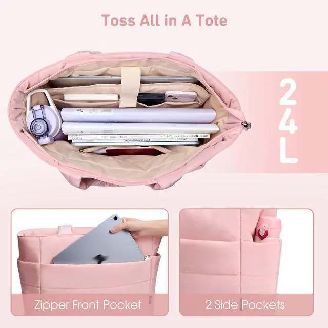 Alt view image 5 of 5 - KALIDI Quilted Tote Bag, Carryall Puffer Messenger Laptop Bag Padded Shoulder Large Anti Splash Zipper Casual Work Gym Women, Light Pink