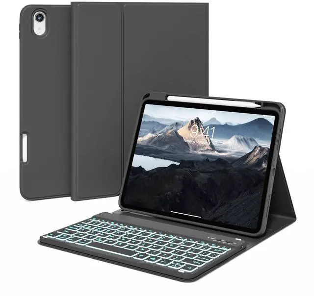 Main image of kenke Case for iPad (A16) 11-inch 2025 / 10th Generation 10.9-inch 2022 with Keyboard, Stand Folio Cover with Pencil Holder, 7 Color Backlit Detachable Wireless Keyboard, Black