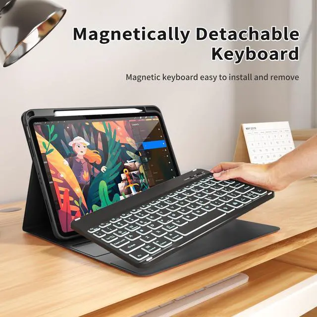 Alt view image 3 of 5 - kenke Case for iPad (A16) 11-inch 2025 / 10th Generation 10.9-inch 2022 with Keyboard, Stand Folio Cover with Pencil Holder, 7 Color Backlit Detachable Wireless Keyboard, Black