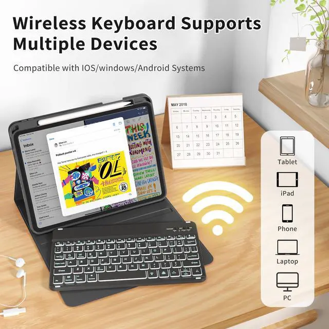 Alt view image 4 of 5 - kenke Case for iPad (A16) 11-inch 2025 / 10th Generation 10.9-inch 2022 with Keyboard, Stand Folio Cover with Pencil Holder, 7 Color Backlit Detachable Wireless Keyboard, Black