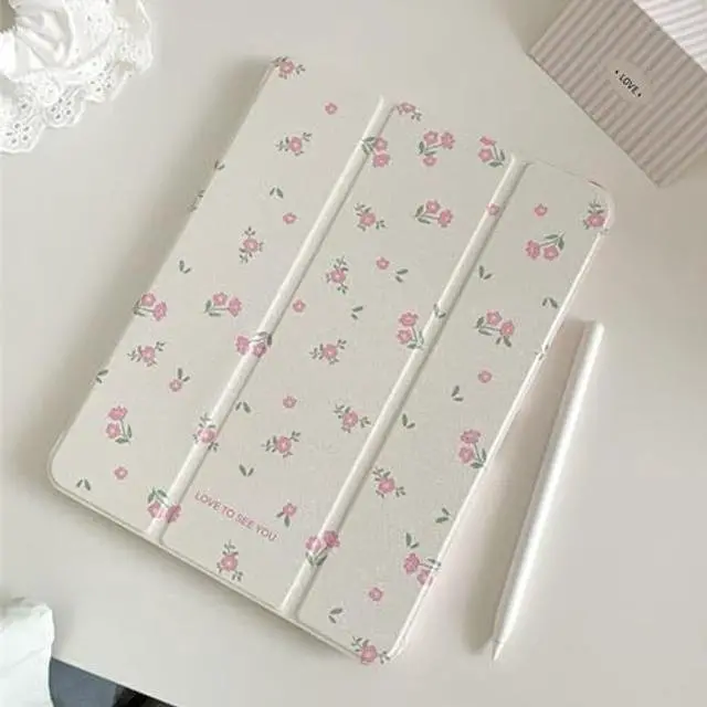 Alt view image 2 of 5 - Pink Flower Case for iPad Air with Pencil Holder, Acrylic Case for iPad Pro, for iPad 2018 2020 2022 Cover, for iPad 9.7"/ 10.2"/ 10.9"/ 11 12.9 inch (18/20/21/22 11'')