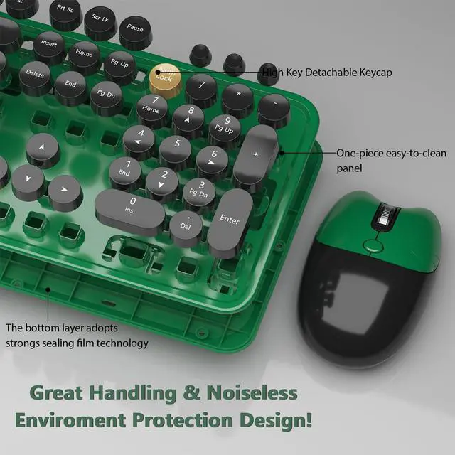 Alt view image 2 of 5 - Wireless Keyboard,KOOTOP Cute Colorful 104 Keys Typewriter Retro Round Keycaps Keyboard for PC Laptop,Desktop,Windows, Home and Office Keyboards (Black Green)