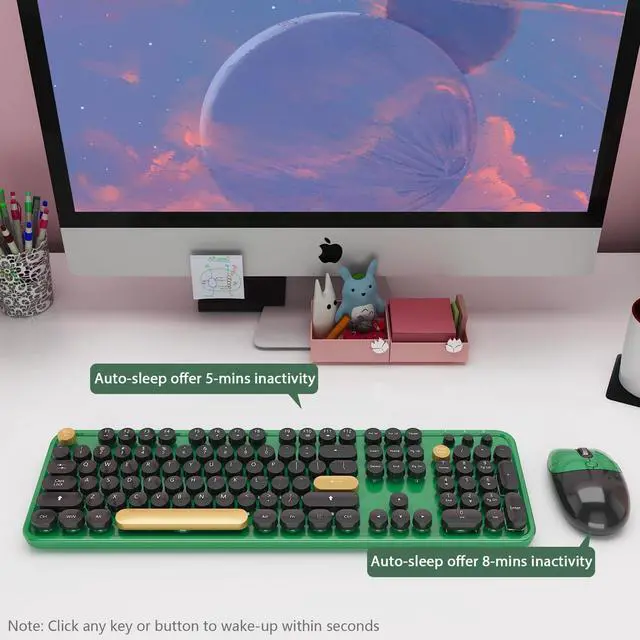 Alt view image 4 of 5 - Wireless Keyboard,KOOTOP Cute Colorful 104 Keys Typewriter Retro Round Keycaps Keyboard for PC Laptop,Desktop,Windows, Home and Office Keyboards (Black Green)