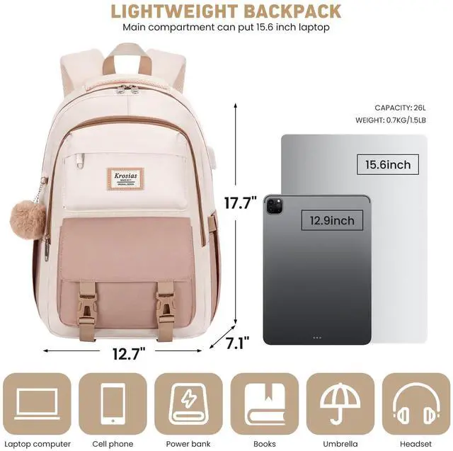 Alt view image 3 of 5 - KROSIAS School Backpack for Girls Teens, Cute Aesthetic College Backpacks Large 15.6 Inch Laptop Bag Preppy Bookbag for Women Students Travel (Khaki Beige)