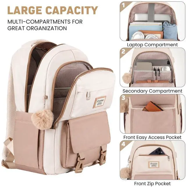 Alt view image 2 of 5 - KROSIAS School Backpack for Girls Teens, Cute Aesthetic College Backpacks Large 15.6 Inch Laptop Bag Preppy Bookbag for Women Students Travel (Khaki Beige)