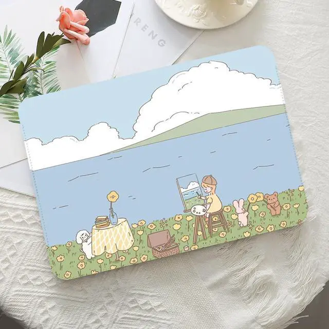 Alt view image 4 of 5 - LALAPOPO Cute Blue Nature Laptop Sleeve Bag 13.3-14 Inch, Faux Leather Cover Case for Women Girls, Compatible with MacBook Air 13/MacBook Pro 13, 13inch 13.3-14 Inch