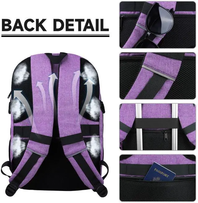 Alt view image 3 of 5 - Lapsouno Travel Backpack, Travel Laptop Backpack, Multiple Pockets 15.6 Inch Carry on Backpack with USB Port, TSA Friendly Water Resistant College School Business Bag for Women, Purple