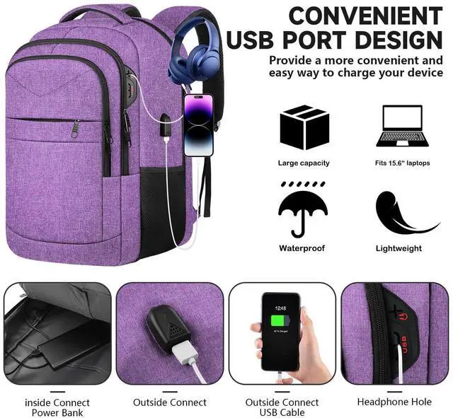 Alt view image 4 of 5 - Lapsouno Travel Backpack, Travel Laptop Backpack, Multiple Pockets 15.6 Inch Carry on Backpack with USB Port, TSA Friendly Water Resistant College School Business Bag for Women, Purple