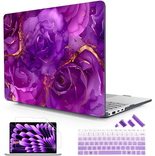 Main image of Lepeoac Case for Microsoft Surface Laptop 13.8 inch, 2024 Windows 11 Copilot+ PC, 7th Edition Touchscreen Display, Plastic Hard Shell Case with Keyboard Cover & Screen Protector, Purple Marble Roses