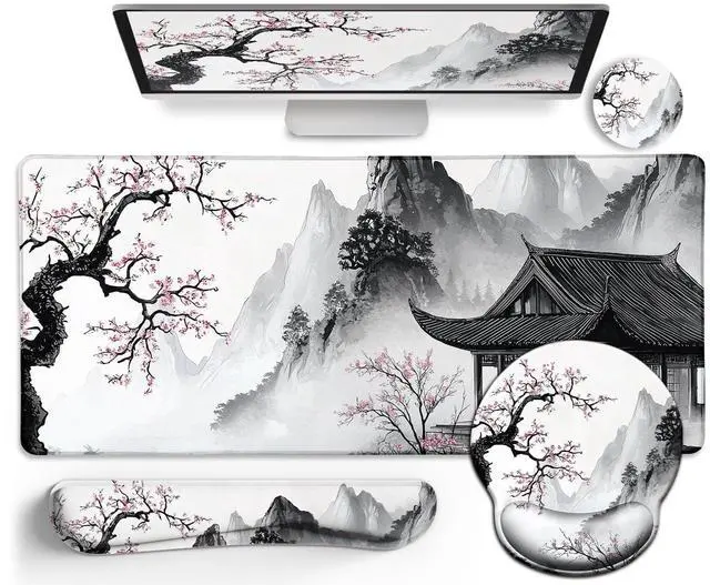 Main image of LIMKRIAN Japanese Ergonomic Mouse Pad Large Desk Mat Set, XXL Anime Mousepad with Wrist Rest, Wrist Support Gaming Keyboard Mat Cup Coaster Set, Japanese Style Office Desk Accessories Decor