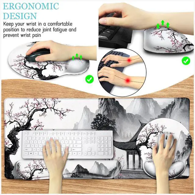 Alt view image 3 of 5 - LIMKRIAN Japanese Ergonomic Mouse Pad Large Desk Mat Set, XXL Anime Mousepad with Wrist Rest, Wrist Support Gaming Keyboard Mat Cup Coaster Set, Japanese Style Office Desk Accessories Decor
