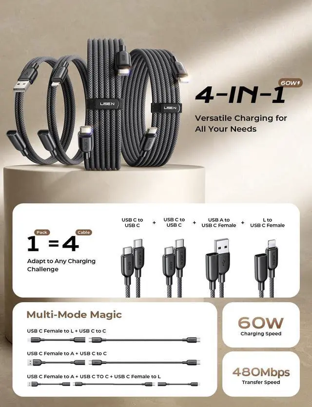 Alt view image 2 of 5 - LISEN 4 in 1 Charging Cable, Nice Set [4-Pack] Multi Charging Cable 60W USB C to USB C Female to USB A Male, Lightning Cable & 90W USB C Cigarette Lighter Adapter Fast Charger, USB C Car Charger