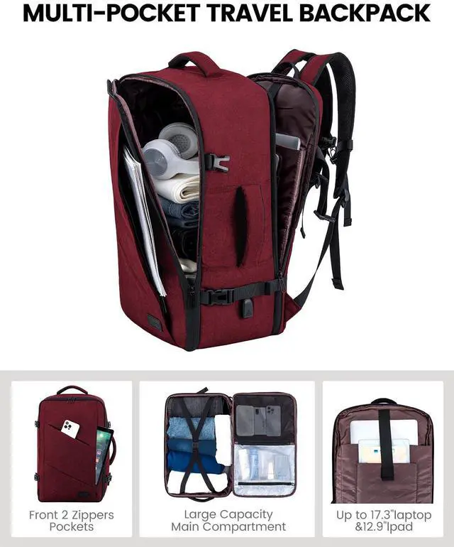 Alt view image 3 of 5 - LOVEVOOK Travel Carry on Backpack, Large 40L Personal Item Travel Bag for Men & Women Flight Approved with 3 Packing Cubes, Suitcase Water Resistant Luggage Daypack Business Weekender Bag,Wine Red