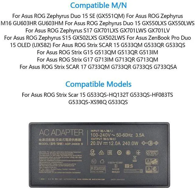 Alt view image 4 of 5 - ADP-240EB B 20V 12A 240W AC Adapter Power Supply for ASUS ROG 15 RTX2080 Laptop Charger with Power Cord