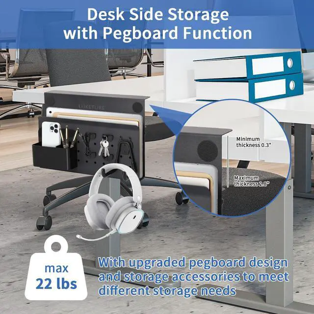 Alt view image 2 of 5 - LUKETURE Desk Side Storage, No Drill Laptop Side Desk Mount, Steel Hanging Organizer, with Pegboard Accessories, Clamp on Laptop Holder for Office and Home, Fits Flat Edge Tables 0.3" to 2.8"