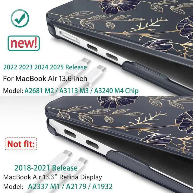 Alt view image 3 of 5 - May Chen for M4 MacBook Air 13.6 Inch Case 2025 2024 2023 2022 Release Models: A3240 A3113 M3 A2681 M2, Plastic Hard Shell Case for MacBook Air 13.6" with Retina Display Fits Touch ID, Floral Art