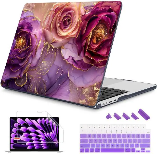Main image of Mektron Designed for 2025/2024/2023 MacBook Air 15 INCH M4 A3241 /M3 A3114 /M2 A2941 Case, Printed Plastic Hard Shell Cover with 15.3" Liquid Retina Display Touch ID, Marble Flowers