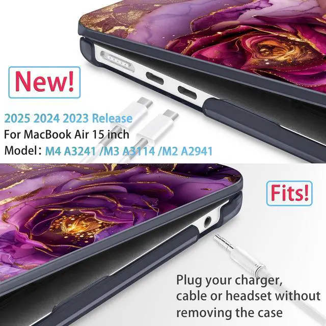 Alt view image 2 of 5 - Mektron Designed for 2025/2024/2023 MacBook Air 15 INCH M4 A3241 /M3 A3114 /M2 A2941 Case, Printed Plastic Hard Shell Cover with 15.3" Liquid Retina Display Touch ID, Marble Flowers